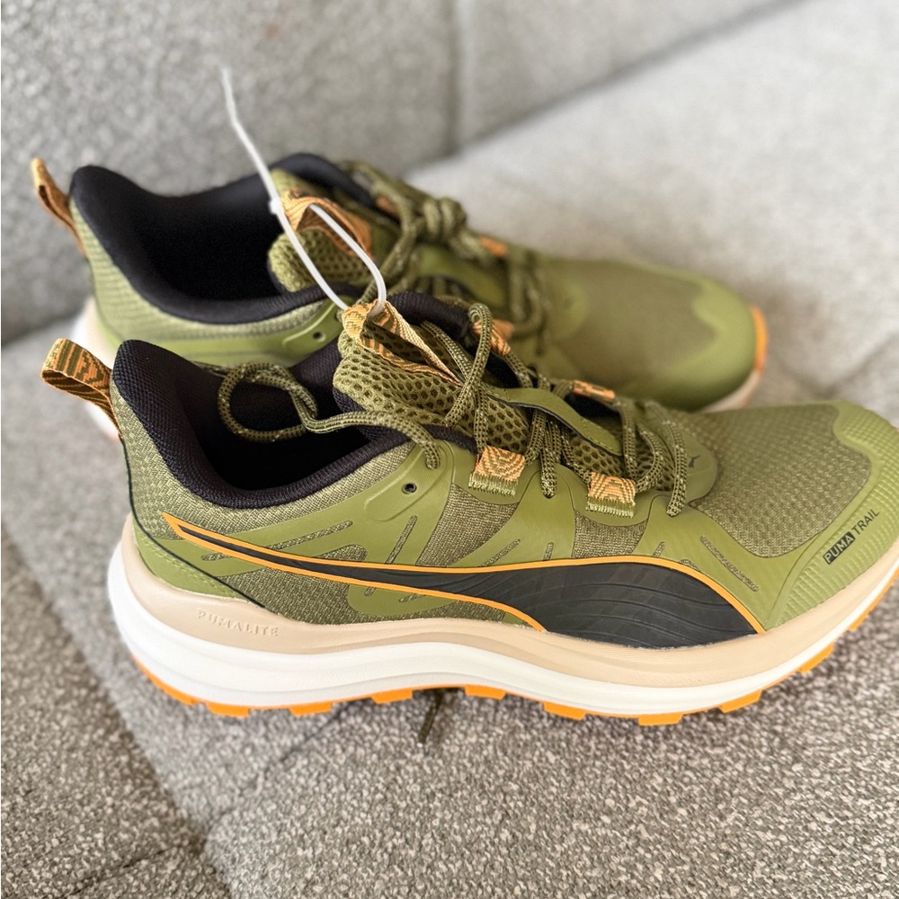 Puma Olive Green Trail Running Shoes with Orange Accents